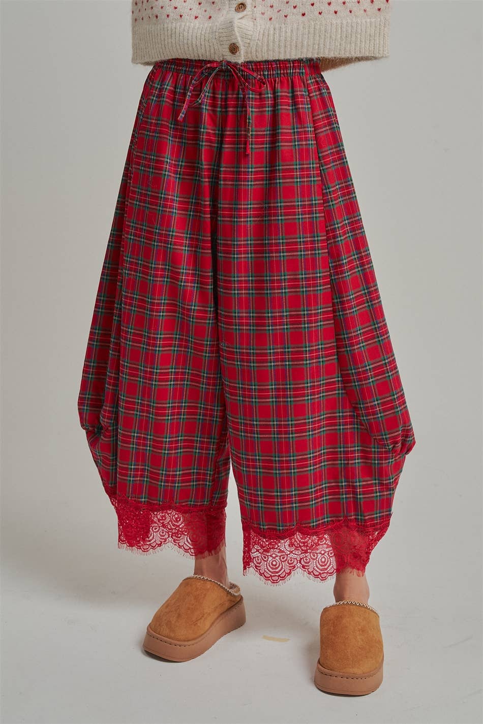 CHRISTMAS PLAID LEG PANTS WITH DELICATE LACE