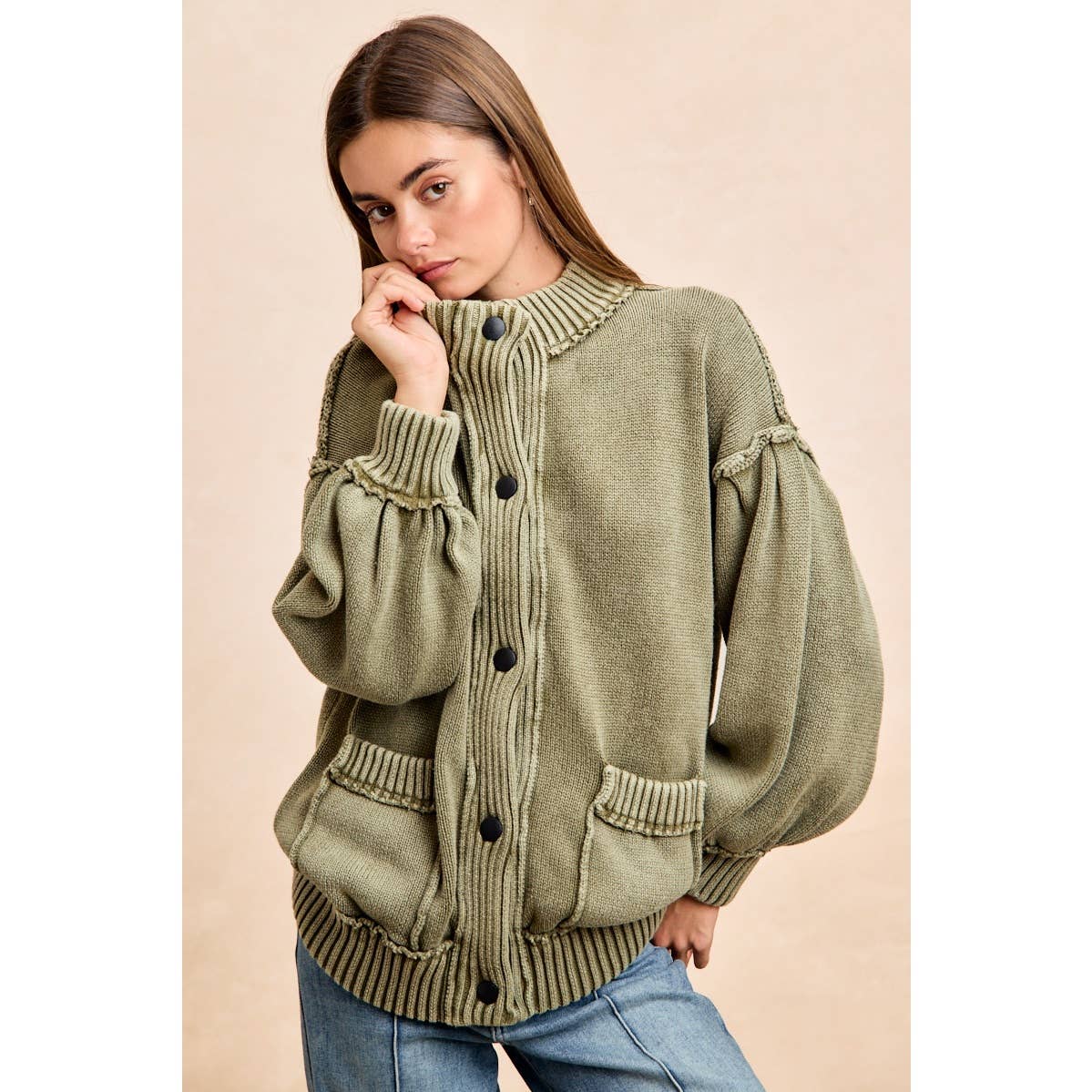 WASHED RIB BANDED COTTON SWEATER KNT CARDIGAN TOP