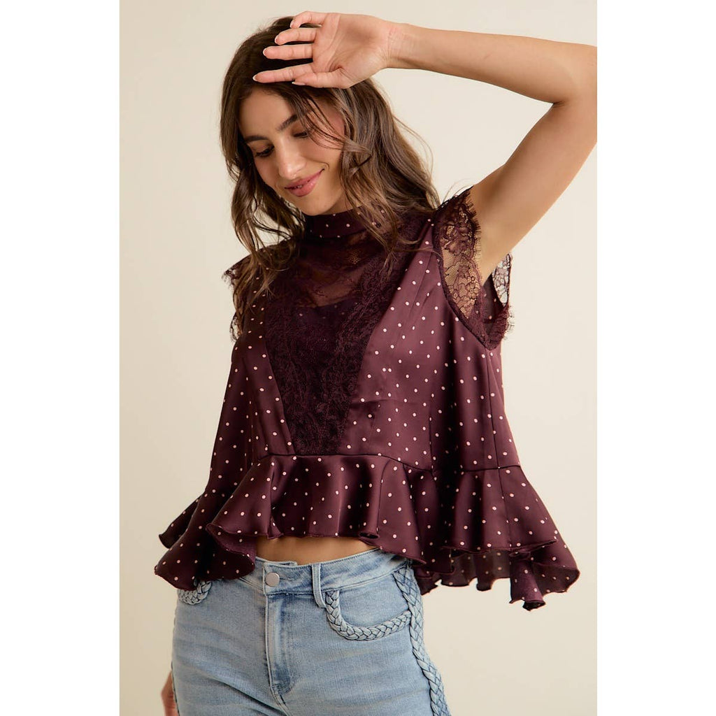 POLKA DOT SATIN LACE TRIM RUFFLED HIGH NECK BLOUSE TOP