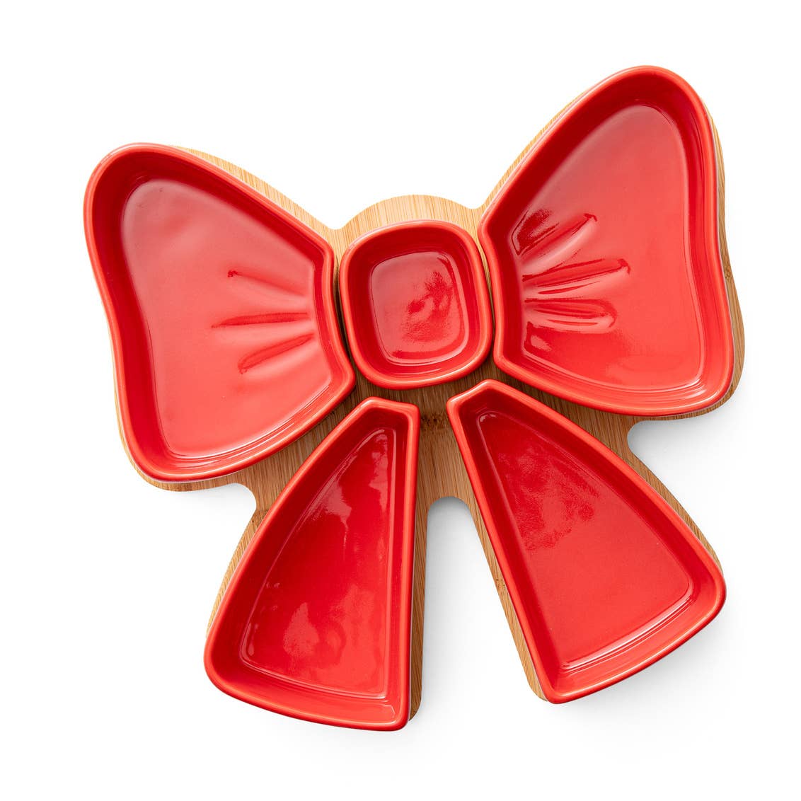 Holiday Red Bow Ceramic Sectioned Serving Tray on Wood Board