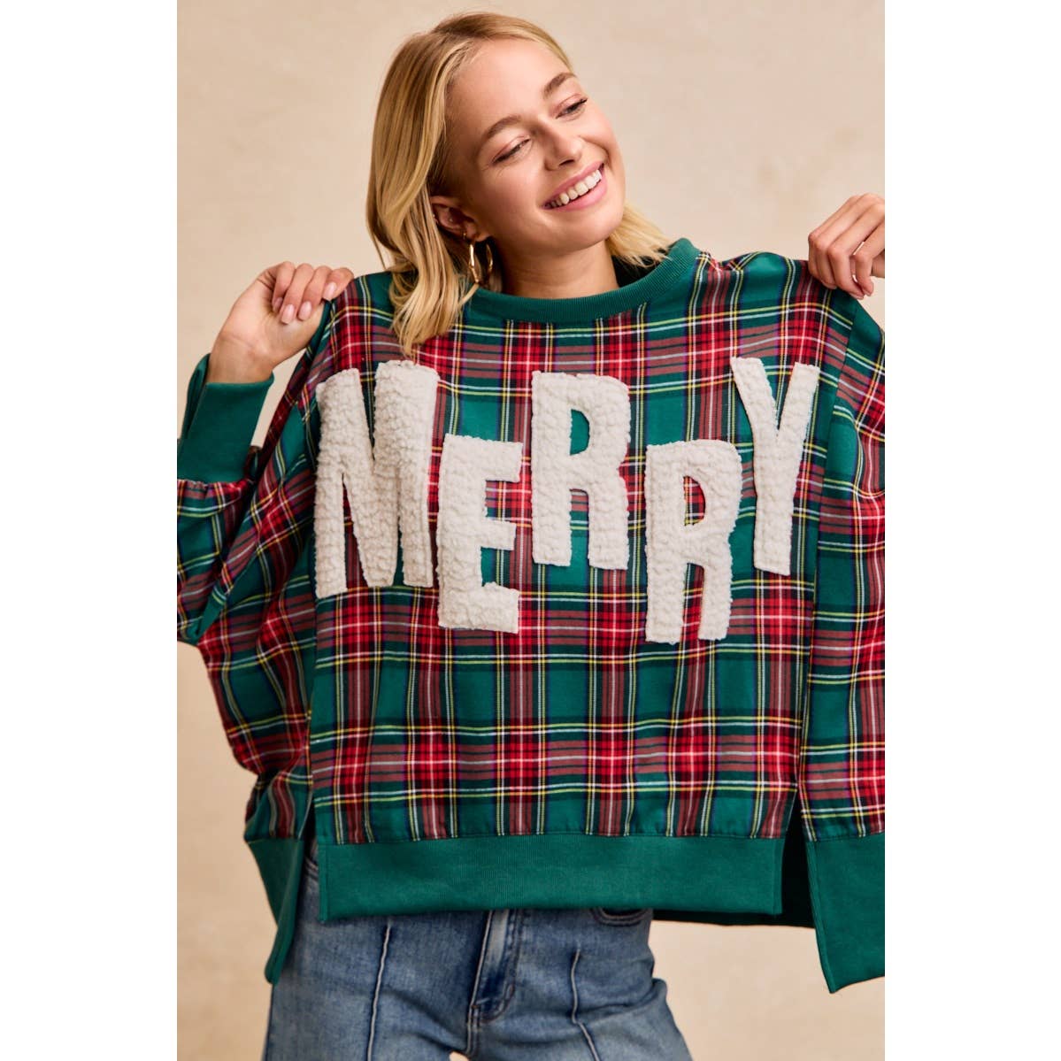 MERRY LETTER PATCHES CHRISTMAS PLAID SWEATSHIRT
