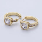 14K Gold Filled 15mm Clear Cz Square Solitaire Baguette Paved Hoop Earrings