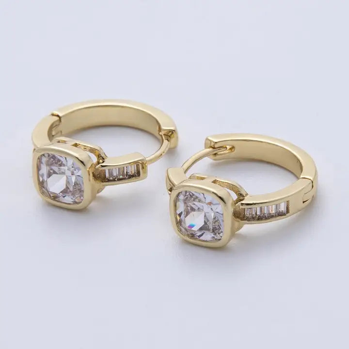 14K Gold Filled 15mm Clear Cz Square Solitaire Baguette Paved Hoop Earrings
