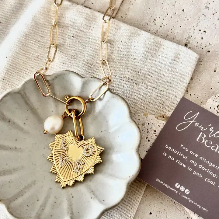 Heart and Pearl Paper clip chain necklace