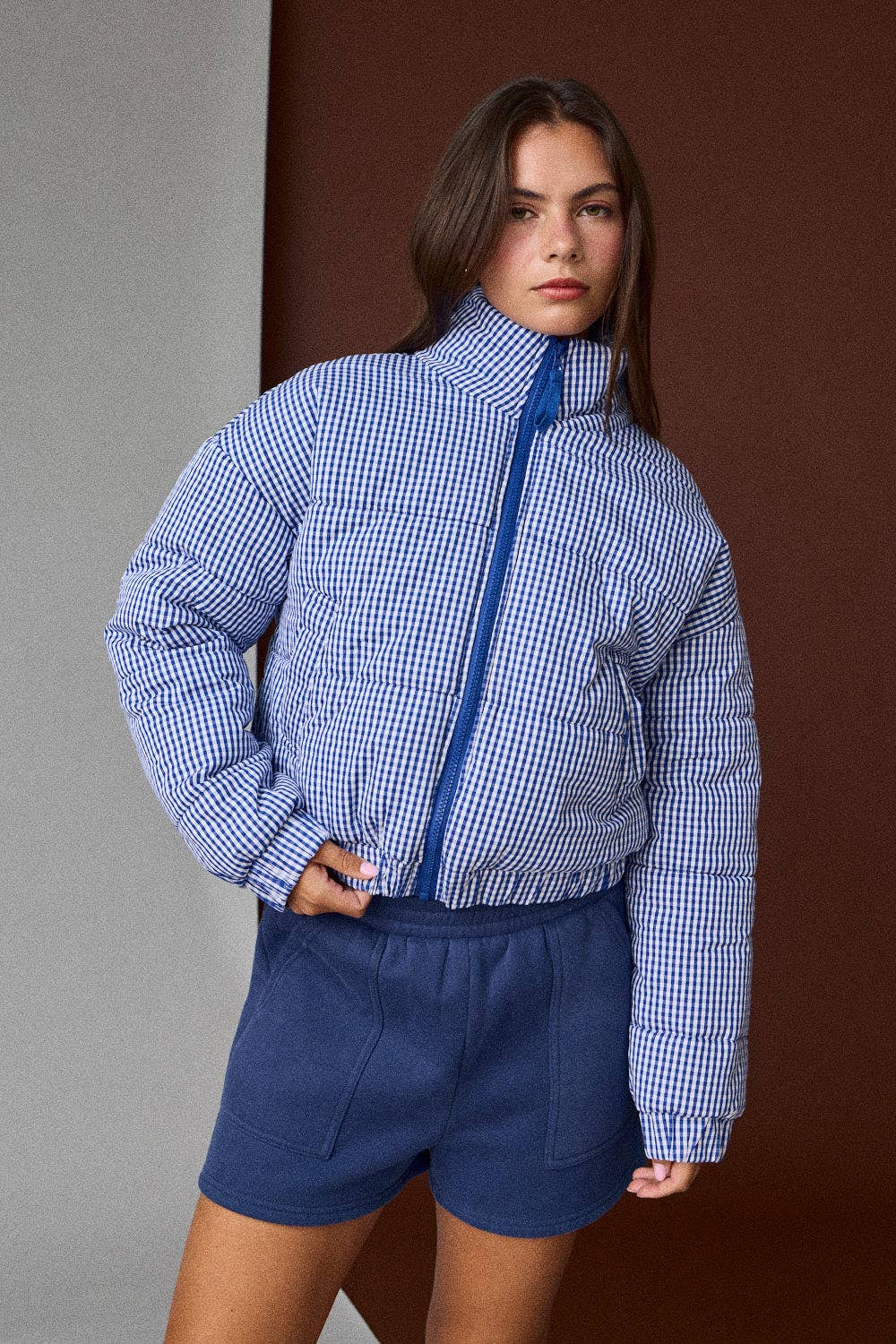 BLUE GINGHAM ZIP UP PUFFER JACKET