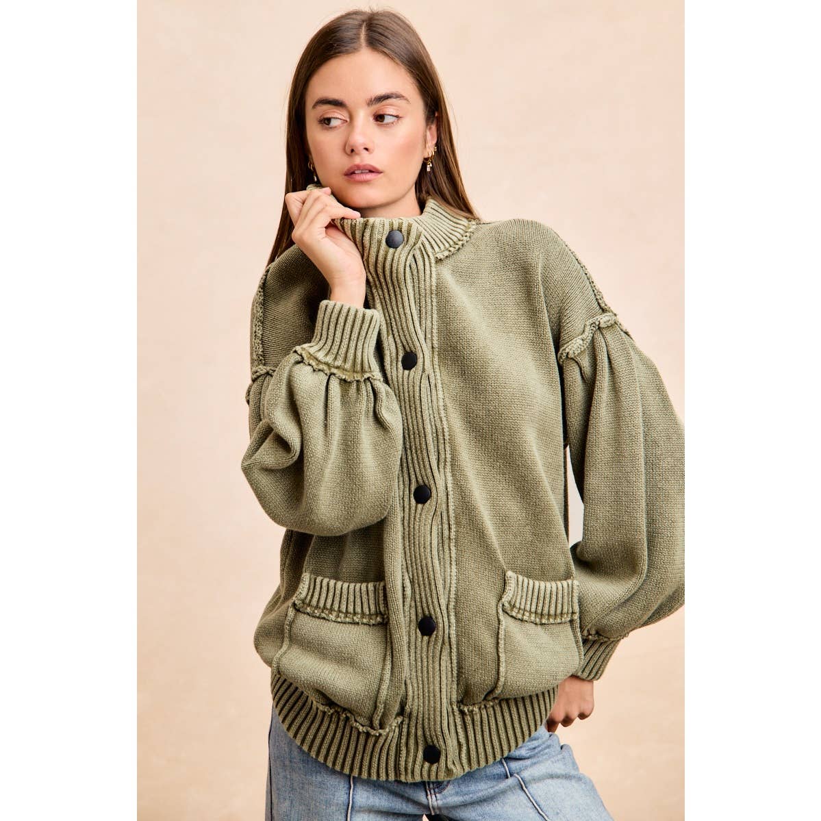 WASHED RIB BANDED COTTON SWEATER KNT CARDIGAN TOP