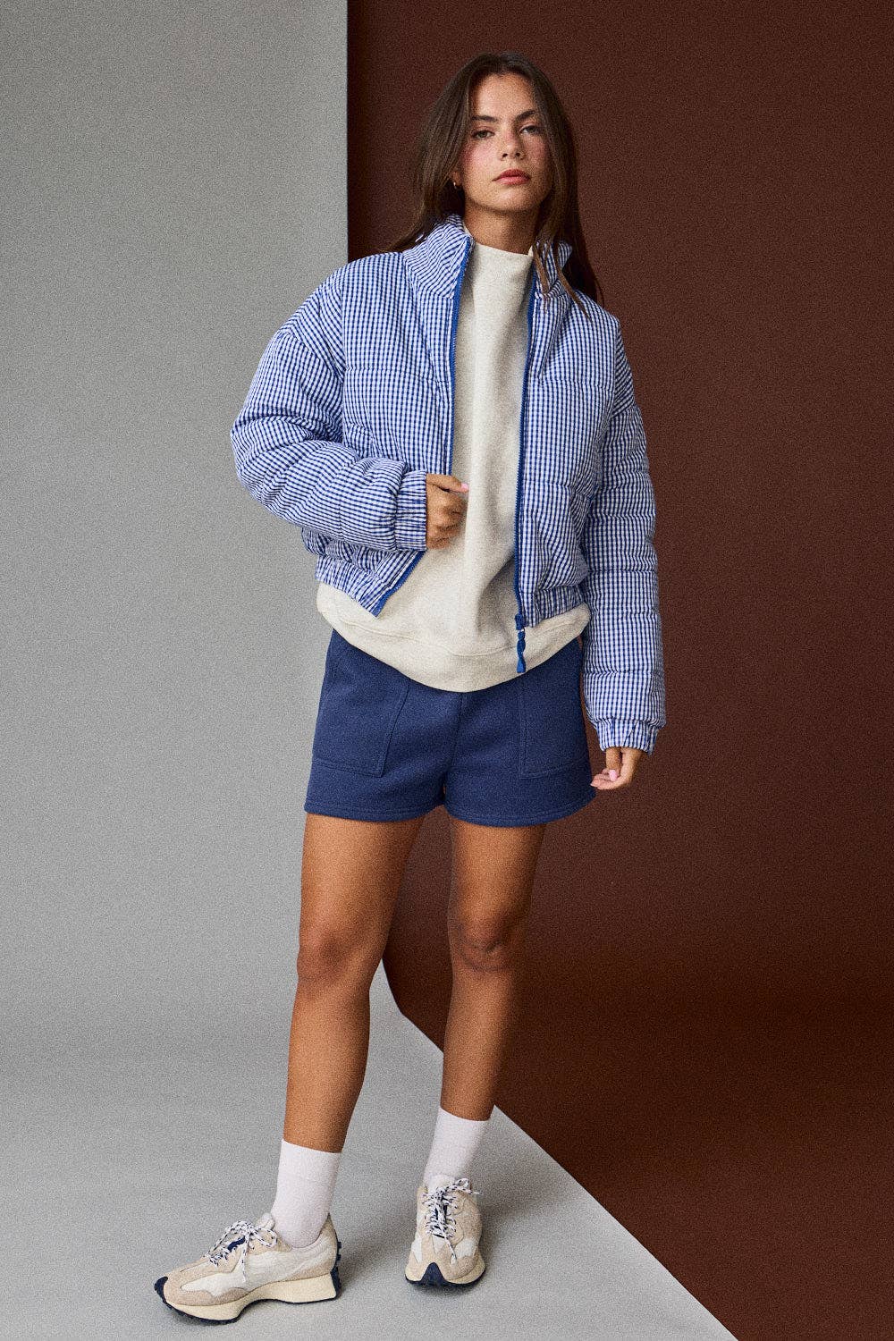 BLUE GINGHAM ZIP UP PUFFER JACKET