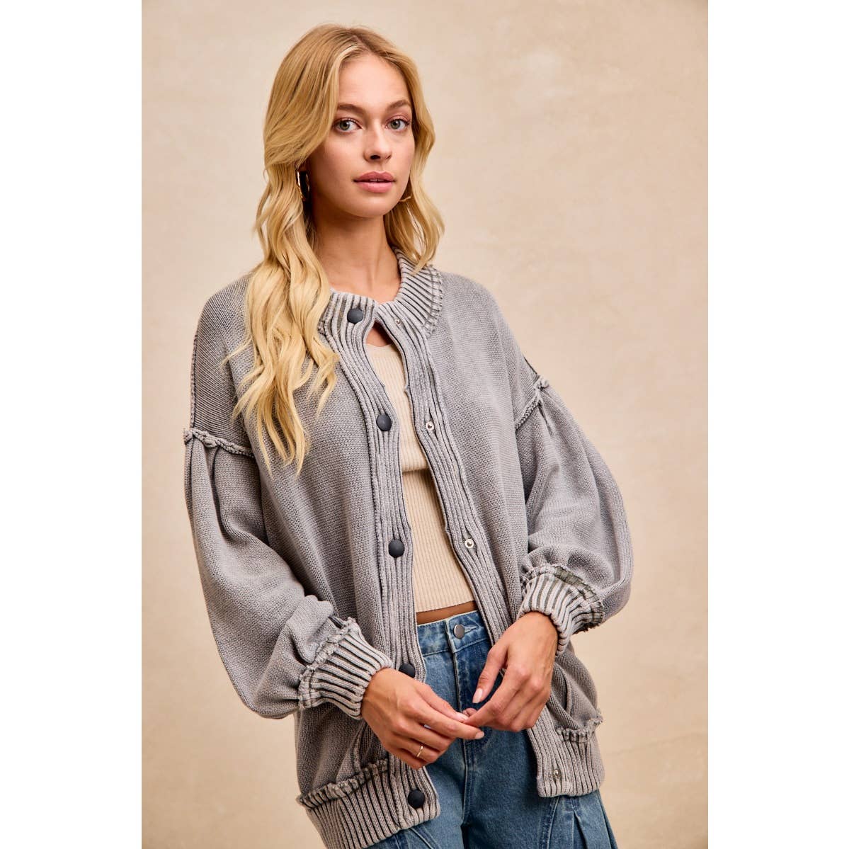 WASHED RIB BANDED COTTON SWEATER KNT CARDIGAN TOP