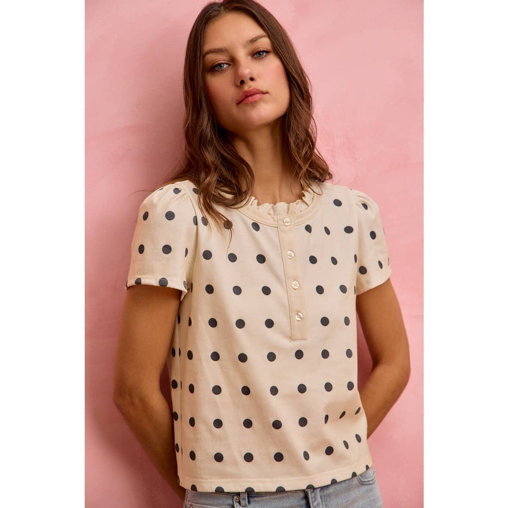 POLK-A-DOT KNIT LACE TRIM ON NECKLINE SHORT TOP