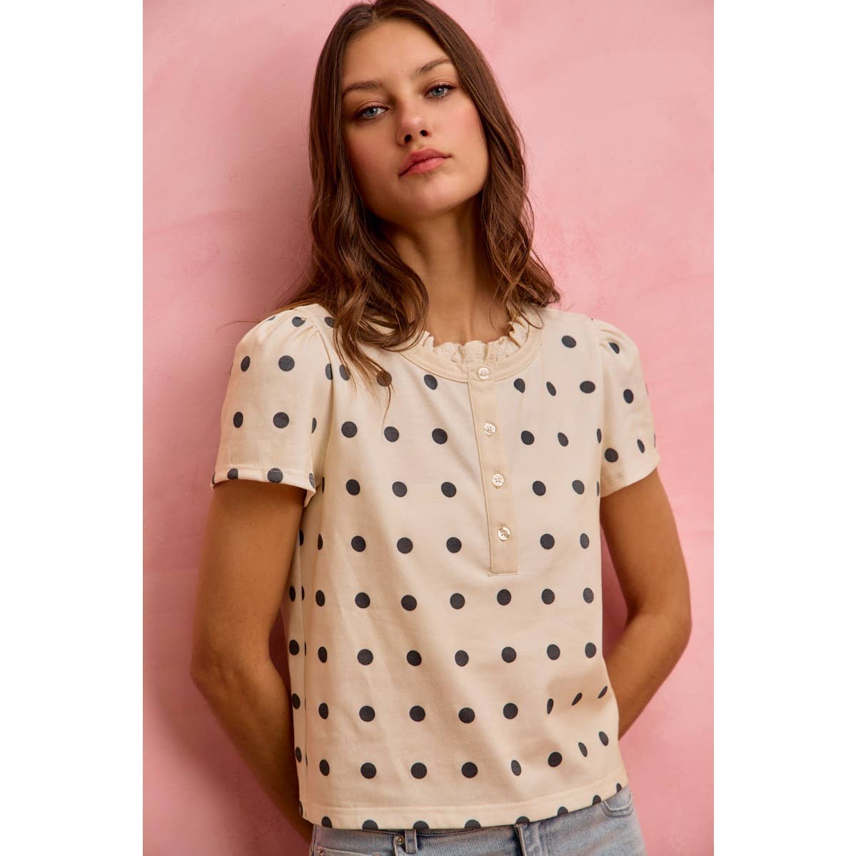POLK-A-DOT KNIT LACE TRIM ON NECKLINE SHORT TOP