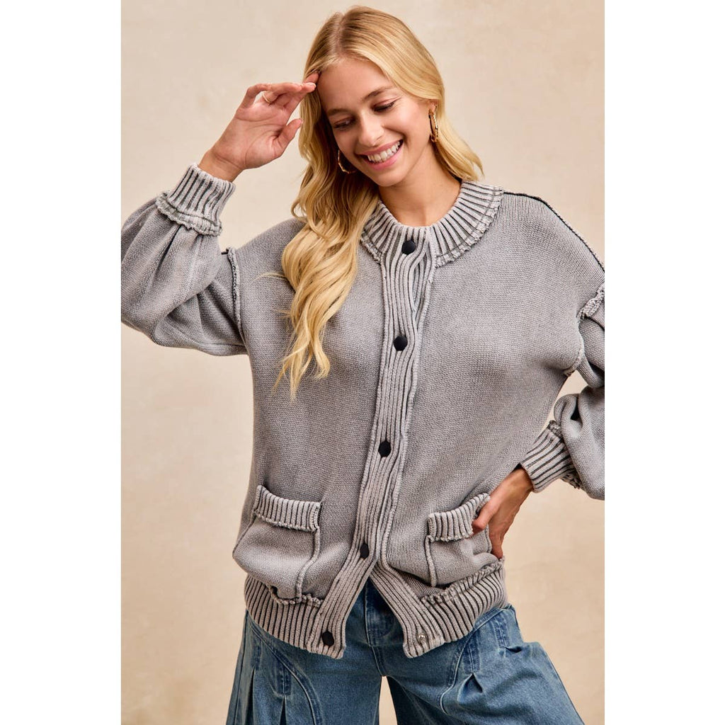 WASHED RIB BANDED COTTON SWEATER KNT CARDIGAN TOP