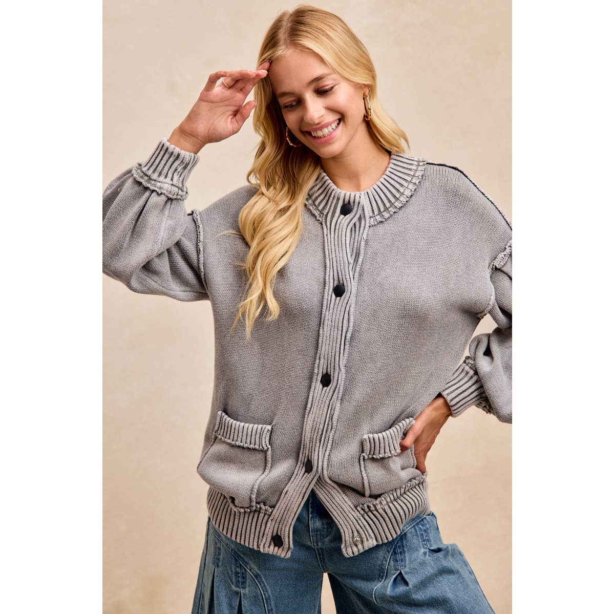 WASHED RIB BANDED COTTON SWEATER KNT CARDIGAN TOP