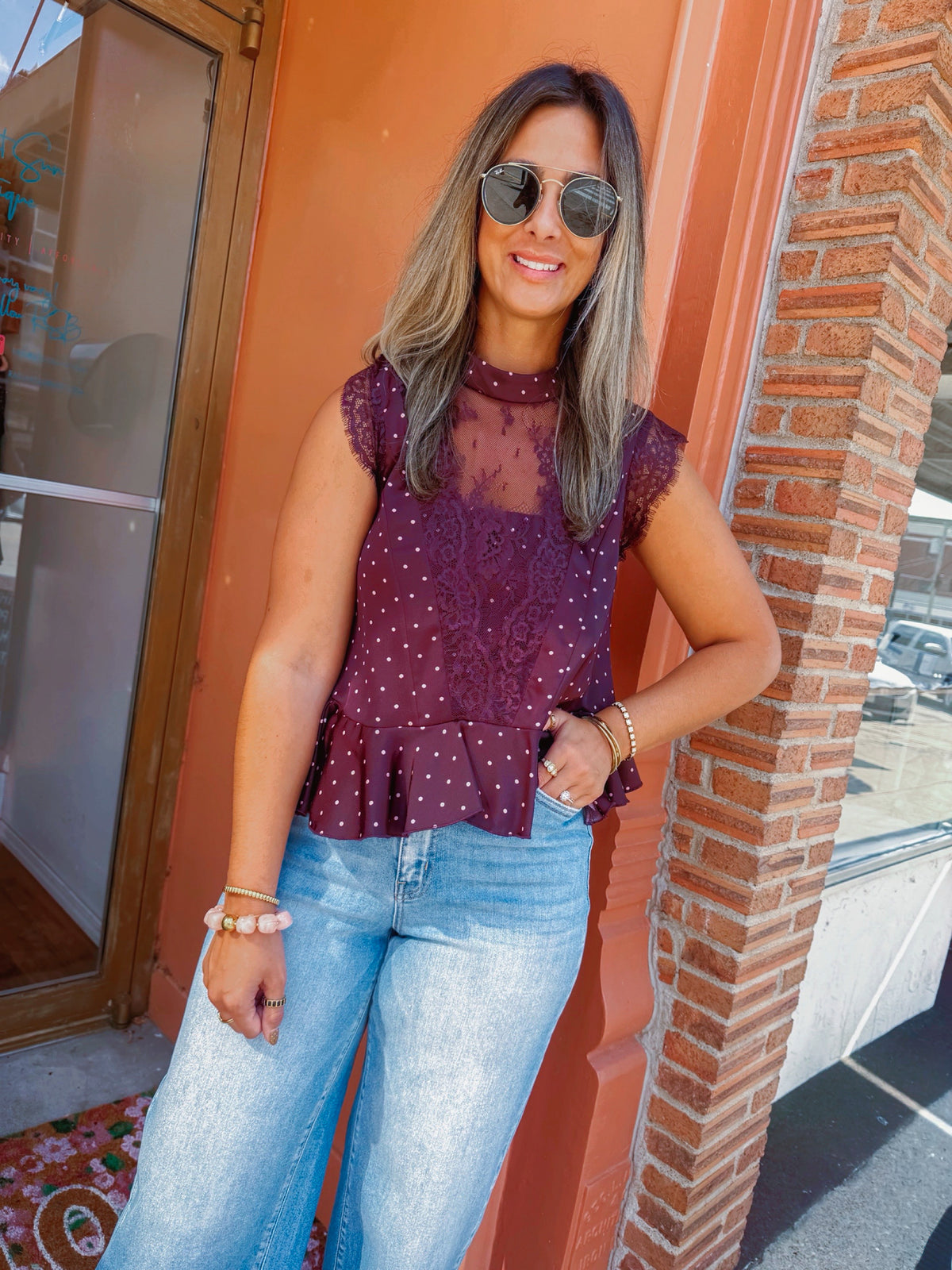 POLKA DOT SATIN LACE TRIM RUFFLED HIGH NECK BLOUSE TOP