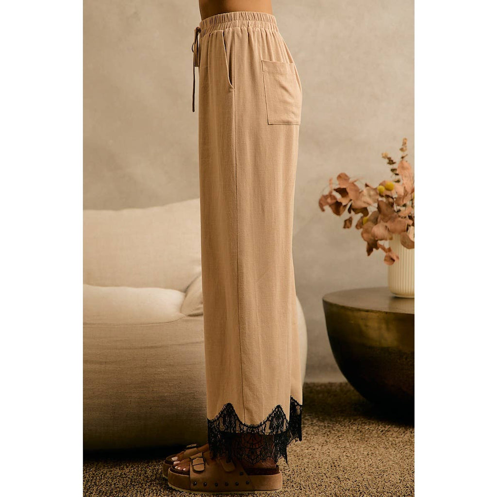 LINEN BLEND LACE TRIM BANDING WAIST PANTS