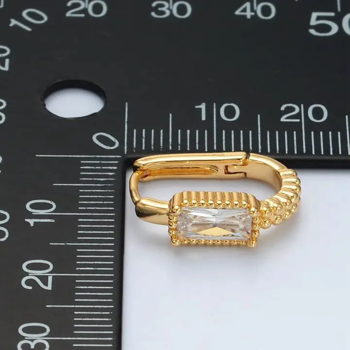 24K Gold Filled 18mm Baguette Cz Dotted Oblong Huggie Earrings