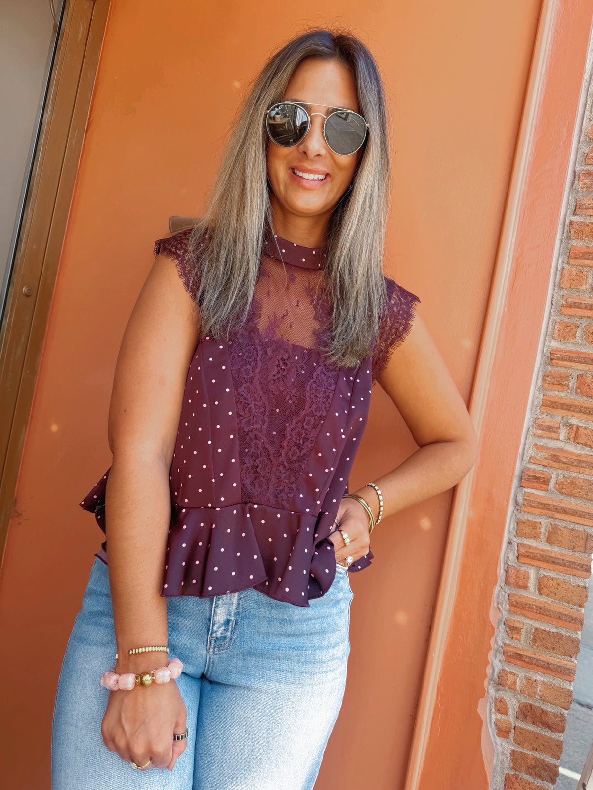 POLKA DOT SATIN LACE TRIM RUFFLED HIGH NECK BLOUSE TOP
