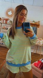 Stripe Colorblock Pullover Elastic Waist Shorts 2pcs Set: Blue and Yellow