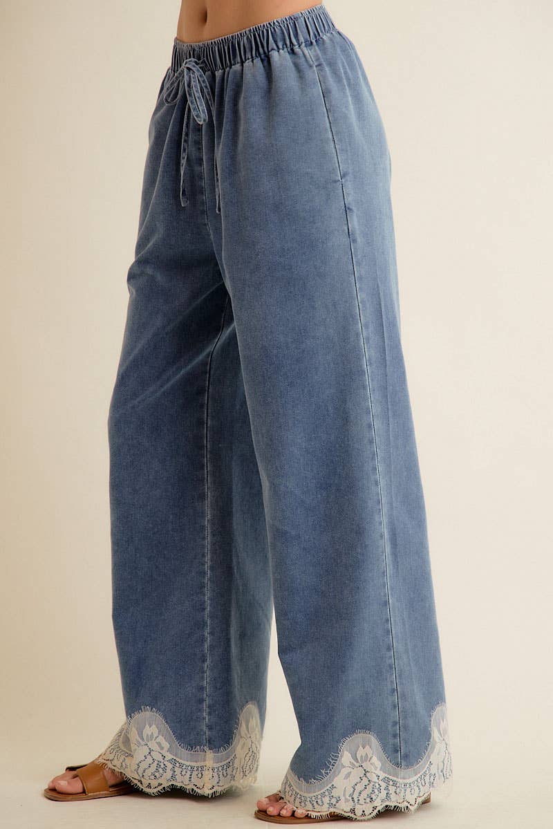 LACE TRIM WIDE LEG ELASTIC MID RISE DENIM PANTS