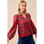 CHRISTMAS PLAID BALLOON SLEEVES RUFFLED V-NECK TOP