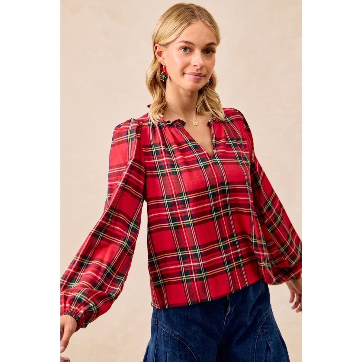 CHRISTMAS PLAID BALLOON SLEEVES RUFFLED V-NECK TOP