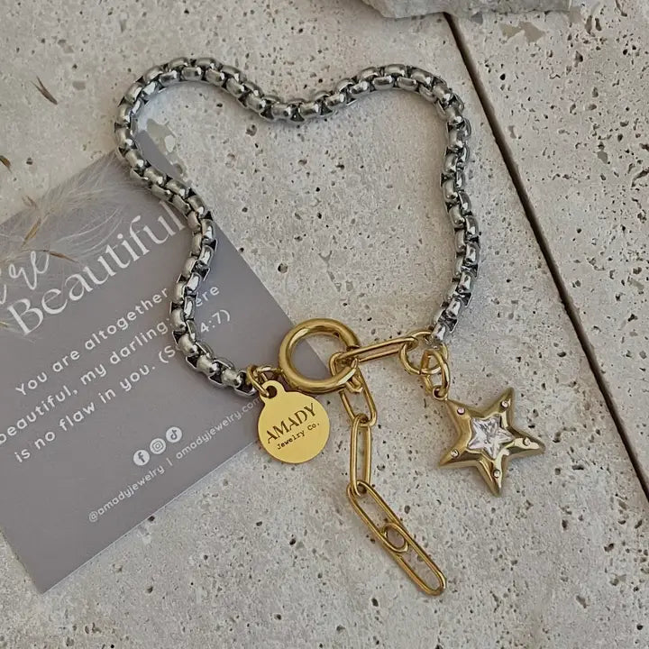 Star charm  two tone silver and gold ombre pendant bracelet