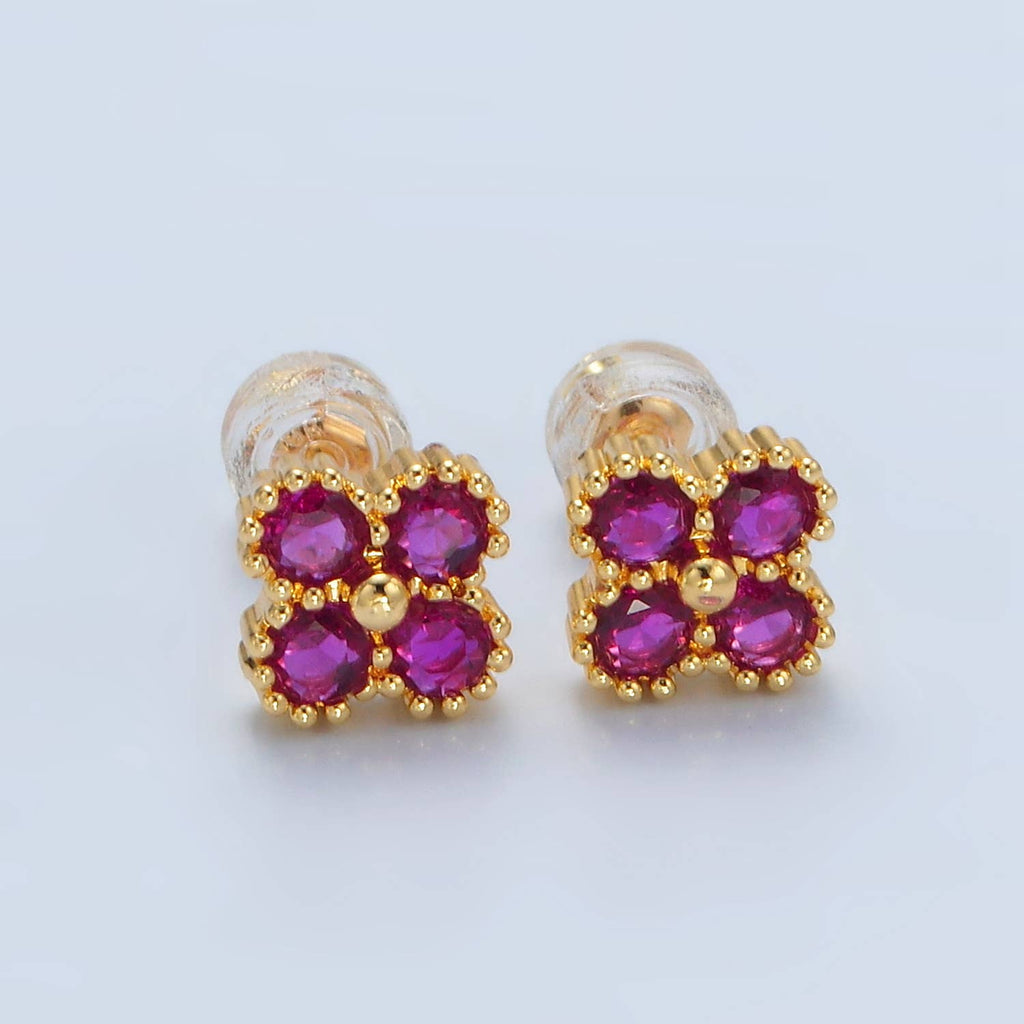 24K Gold Filled Fuchsia, Black,Clover Stud Earring