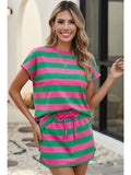 Stripe Dolman Tee Drawstring Skort Athletic 2pcs Set: Pink and Green
