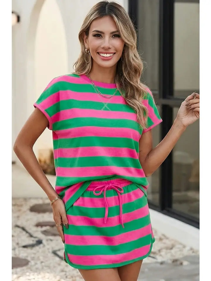 Stripe Dolman Tee Drawstring Skort Athletic 2pcs Set: Pink and Green