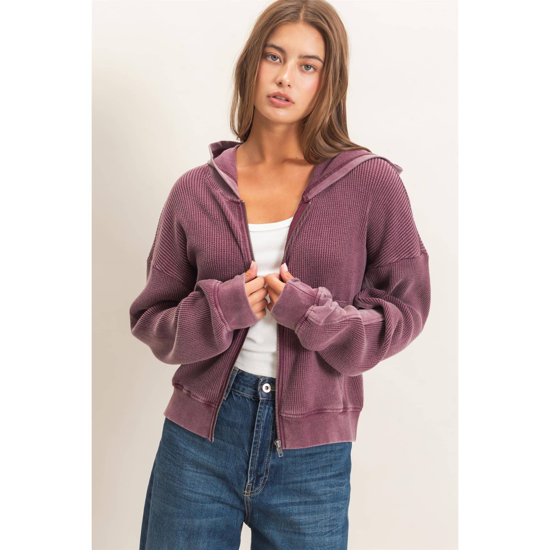 Acid Wash Waffle Knit Zip-Up Hoodie