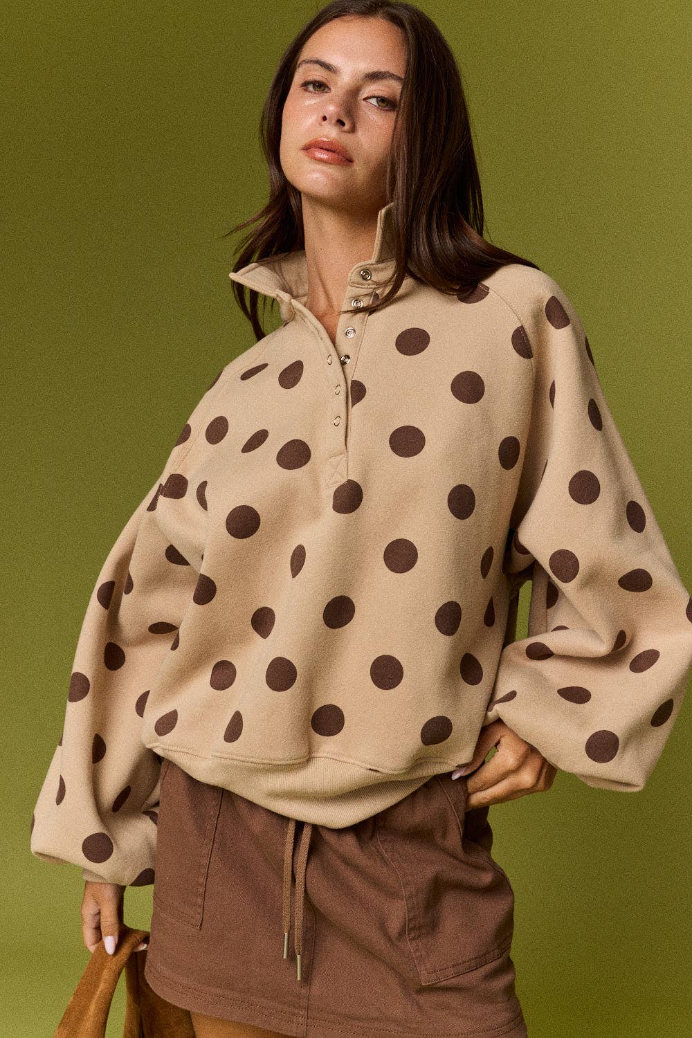 Collar Half-Snap Button  Polka Dot Sweatshirt