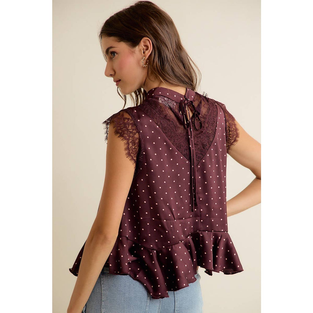 POLKA DOT SATIN LACE TRIM RUFFLED HIGH NECK BLOUSE TOP