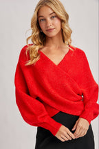 WRAP CROSSOVER RIBBED FUZZY KNIT SWEATER PULLOVER