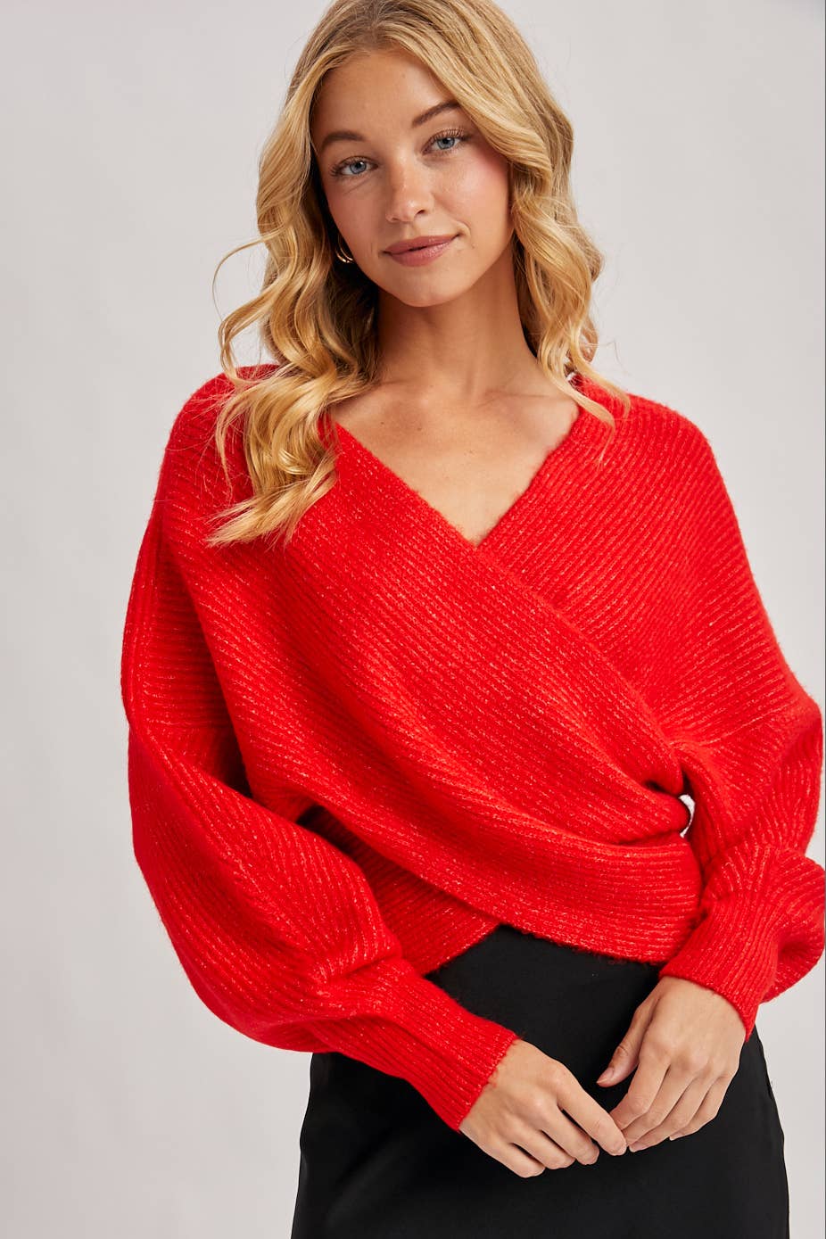 WRAP CROSSOVER RIBBED FUZZY KNIT SWEATER PULLOVER