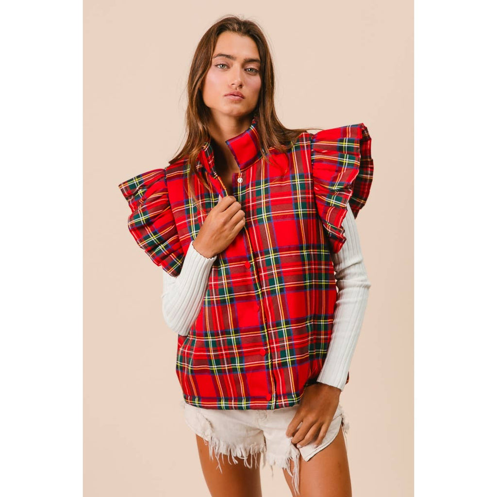 CHRISTMAS PLAID RUFFLED PUFFER VEST