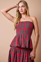 Holiday Christmas Strapless Plaid Pleated Peplum Top