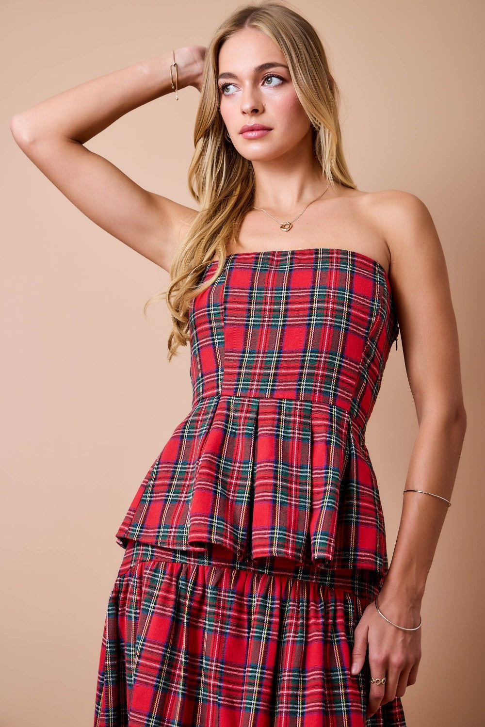 Holiday Christmas Strapless Plaid Pleated Peplum Top