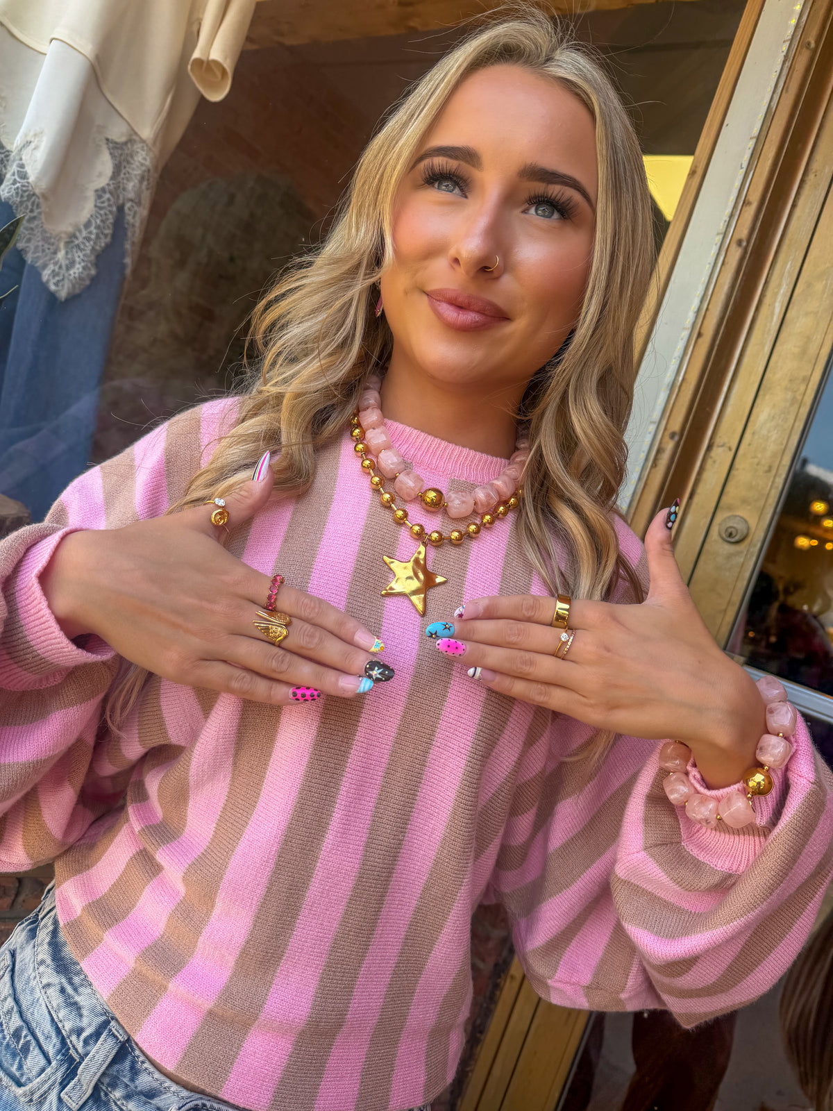 STRIPED DRAWSTRING SLEEVES SWEATER