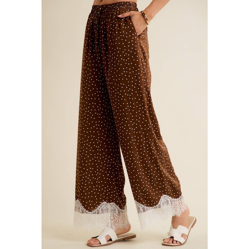 SATIN POLKA DOT WIDE LEG PANTS WITH LACE