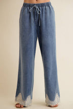 LACE TRIM WIDE LEG ELASTIC MID RISE DENIM PANTS