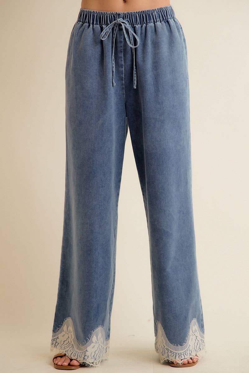LACE TRIM WIDE LEG ELASTIC MID RISE DENIM PANTS