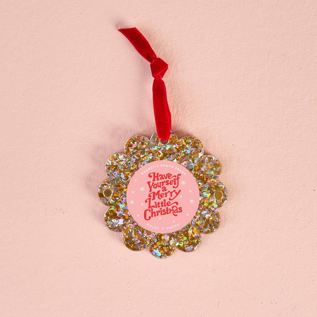 Scalloped Round Picture Frame Ornament-Gold Glitter