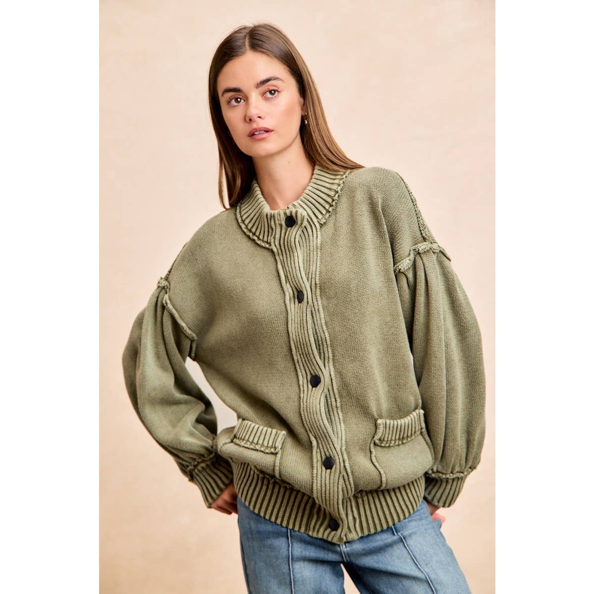 WASHED RIB BANDED COTTON SWEATER KNT CARDIGAN TOP