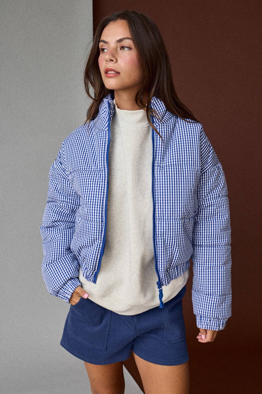 BLUE GINGHAM ZIP UP PUFFER JACKET