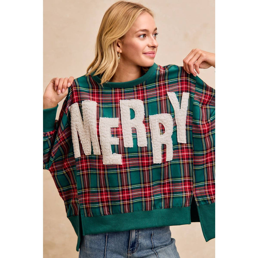 MERRY LETTER PATCHES CHRISTMAS PLAID SWEATSHIRT