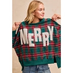 MERRY LETTER PATCHES CHRISTMAS PLAID SWEATSHIRT