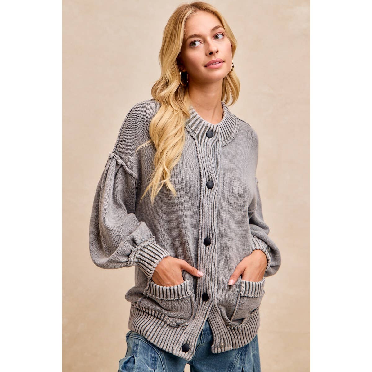 WASHED RIB BANDED COTTON SWEATER KNT CARDIGAN TOP