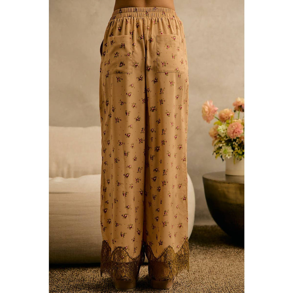 SATIN FLORAL PRINT  WIDE LEG PULL ON PANTS WITH LACE