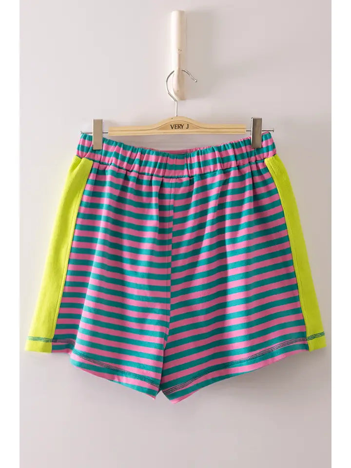 Striped color black shorts: Blue Pink Teal Seafoam
