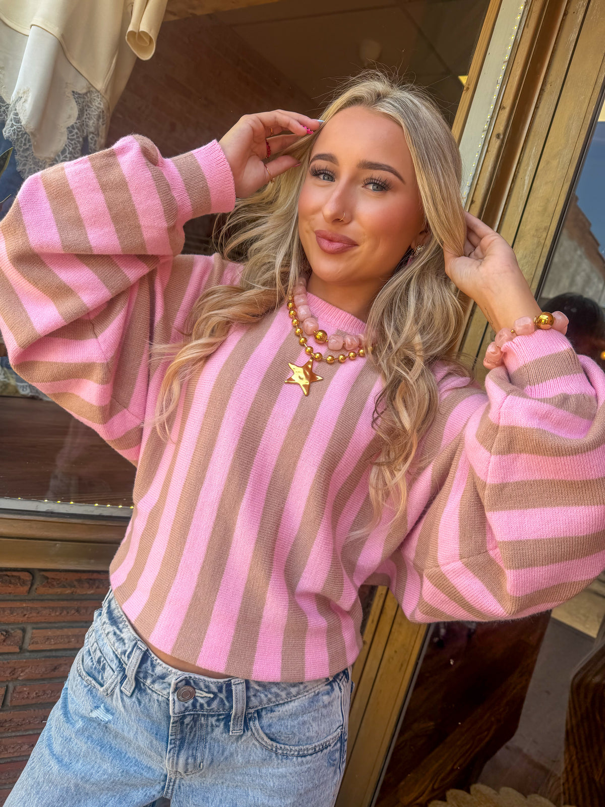 STRIPED DRAWSTRING SLEEVES SWEATER