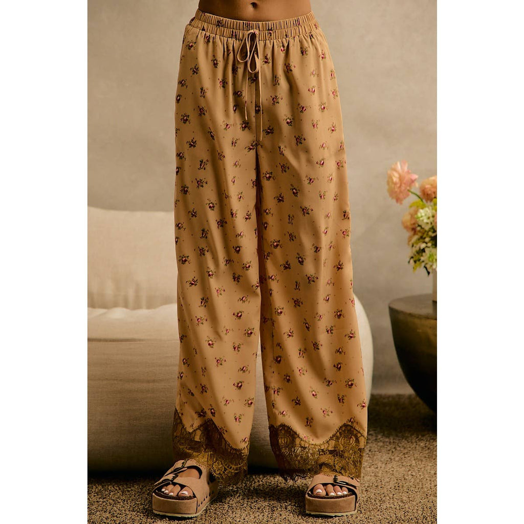 SATIN FLORAL PRINT  WIDE LEG PULL ON PANTS WITH LACE